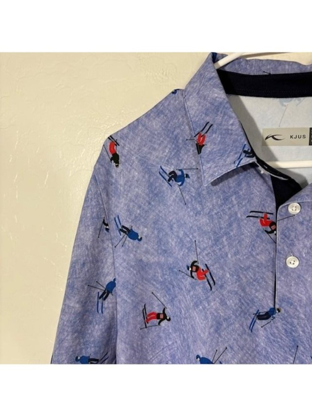 KJUS Polo Shirt Mens XL Blue Skier Print Golf Performance Stretch UPF 50+ Top - Picture 2 of 9